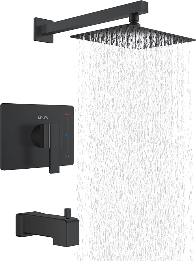KENES Matte Black Tub Shower Faucet Set Complete with 10-Inch Rainfall Shower Head and Tub Spout, Square Tub and Shower Trim Kit, KE-6024A-2 (Shower Valve Included)