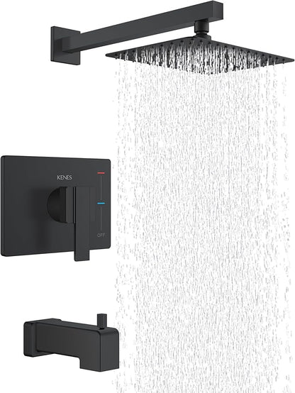 KENES Matte Black Tub Shower Faucet Set Complete with 10-Inch Rainfall Shower Head and Tub Spout, Square Tub and Shower Trim Kit, KE-6024A-2 (Shower Valve Included)