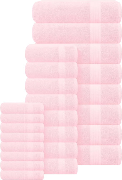 GLAMBURG Ultra Soft 24-Piece Towel Set - 100% Pure Ringspun Cotton, Contains 8 Oversized Bath Towels 27x54, 8 Hand Towels 16x28, 8 Wash Cloths 13x13 - Ideal for Everyday use, Hotel & Spa - Pink