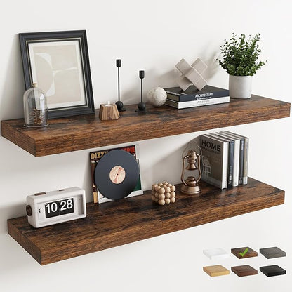 48 Inch Long Floating Shelves for Wall 2 Pack, 12"D Wood Grain Bathroom Shelves with Invisible Brackets, Easy Install Engineered Wood Storage Shelves for Kitchen, Living Room, Bedroom, Rustic Brown