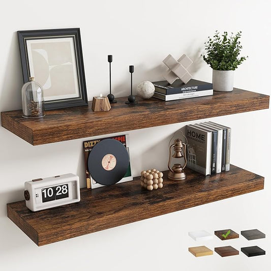 48 Inch Long Floating Shelves for Wall 2 Pack, 12"D Wood Grain Bathroom Shelves with Invisible Brackets, Easy Install Engineered Wood Storage Shelves for Kitchen, Living Room, Bedroom, Rustic Brown