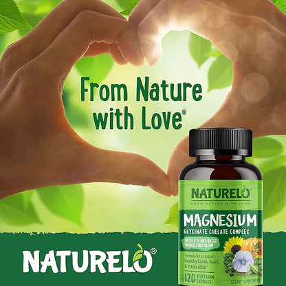 NATURELO Magnesium Glycinate Chelate Complex - 200 mg Magnesium with Organic Vegetables to Support Sleep, Calm, Muscle Cramp & Stress Relief - Gluten Free, Non GMO - 120 Capsules