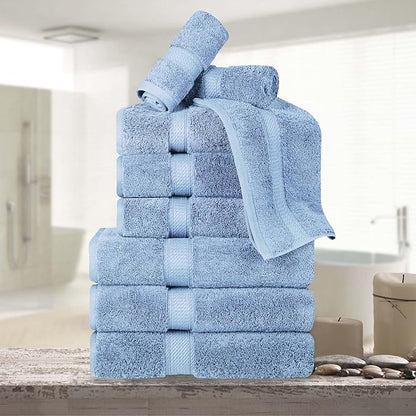 BNM Egyptian Cotton Heavyweight Towels, Ideal for Bathroom, Shower, Spa, Hotel, 800 GSM, Face/Washcloths, Hand Towels, Bath Towels, Highly-Absorbent, Luxury Home Basics, 9 Piece Towel Set, Light Blue