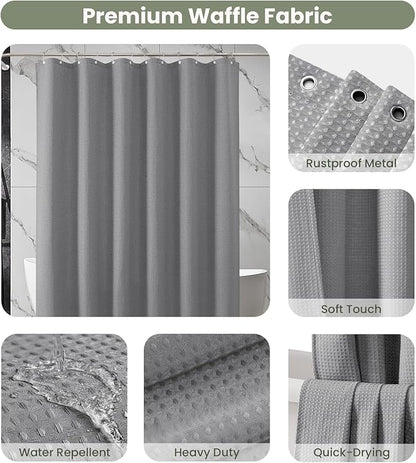 Inhousolu Fabric Shower Curtain Waffle Weave, 230 GSM Heavy Duty, Weighted Hem, 14 Metal Hooks, Water Repellent, Machine Washable, Hotel Spa Luxury Bath Curtain Set, 72 x 84 Inch, Grey