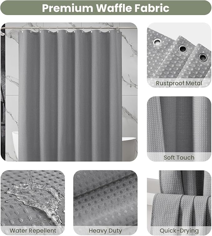 Inhousolu Fabric Shower Curtain Waffle Weave, 230 GSM Heavy Duty, Weighted Hem, 14 Metal Hooks, Water Repellent, Machine Washable, Hotel Spa Luxury Bath Curtain Set, 72 x 72 Inch, Grey
