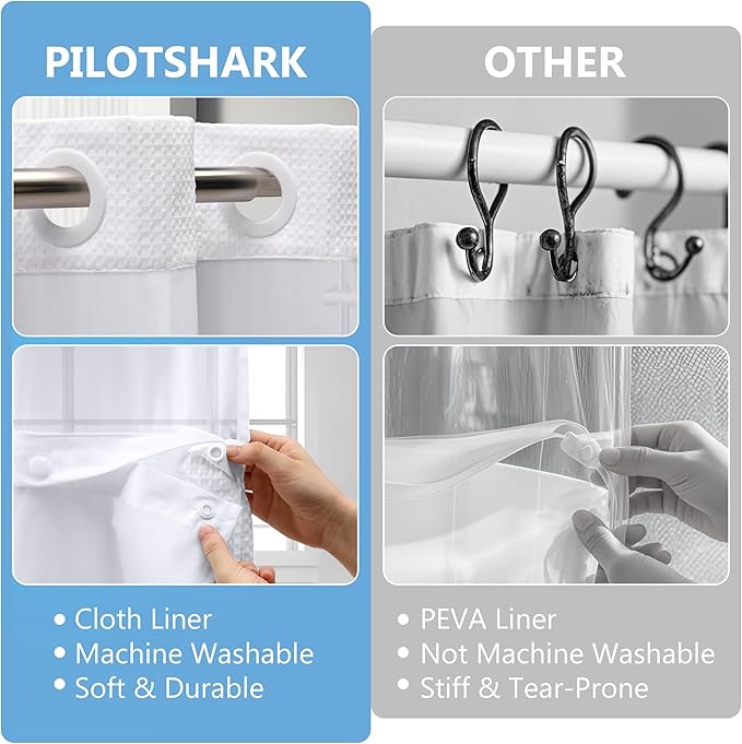 No Hook Waffle Weave Shower Curtain Set with Snap-in Fabric Liner and Mesh Top Window,256GSM Heavy Duty Fabric,White Washable Luxury Shower Curtain for Bathroom Stalls (72x75 Inch)