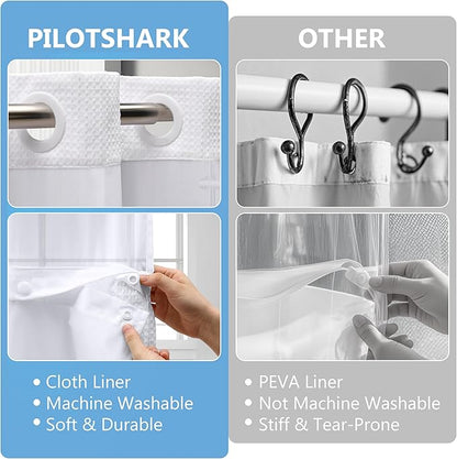 No Hook Waffle Weave Shower Curtain Set with Snap-in Fabric Liner and Mesh Top Window,256GSM Heavy Duty Fabric,White Washable Luxury Shower Curtain for Bathroom Stalls (72x75 Inch)
