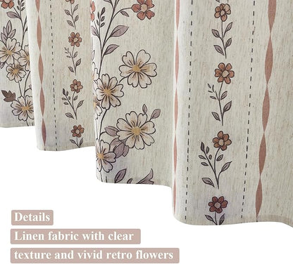 ORTIGIA Farmhouse Floral Shower Curtains for Bathroom Linen Boho Vintage Shower Curtain Set with Metal Hooks Waterproof Block Print Rustic Fabric Bath Curtain for Home, Weighted, 72x72
