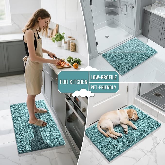 Yimobra Bathroom Runner Rug 60x24 Inch - Extra Long Non Slip Chenille Bath Mat, Soft & Absorbent, Machine Washable Shaggy Hallway Carpet for Vanity Tub Shower, Teal Blue Home Decor Accessories