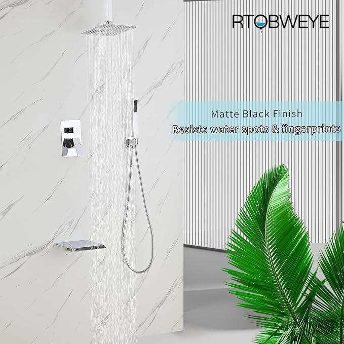 8 Inch Shower Faucet Set, Ceiling Mounted Rainfall Shower System with High Pressure Handheld Shower Head, Bathroom Mixer Rough-in Valve and Trim Shower Kit, Polished Chrome, with Tub Spout