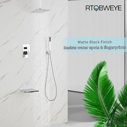 10 Inch Shower Faucet Set, Ceiling Mounted Rainfall Shower System with High Pressure Handheld Shower Head, Bathroom Mixer Rough-in Valve and Trim Shower Kit, Polished Chrome, with Tub Spout