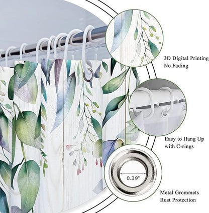 Riyidecor Teal Shower Curtain for Bathroom Decor 72Wx72H Eucalyptus Leaves Plants Watercolor Floral Wooden Board Rustic Botanical Farm Art Printed Fabric Polyester Waterproof 12 Pack Plastic Hooks