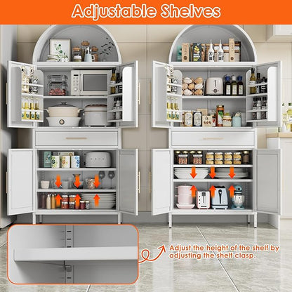 73” Kitchen Pantry Cabinet with 1 Drawer, Arched Storage Cabinet with Doors and Adjustable Shelves, Tall Freestanding Cupboard for Kitchen,Living Room, Bathroom, White