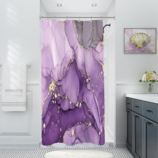 Small Stall Marble Shower Curtain 36 x 72 Inch, Half Narrow Abstract Modern Shower Curtains for Bathroom, Luxury Art Ink Texture Fabric Shower Curtain Set with Hooks, Purple