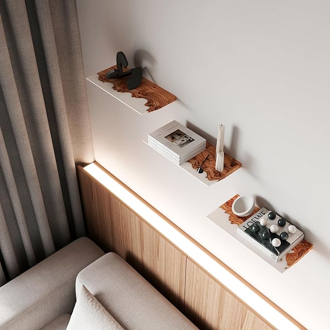 RWA Live Edge Floating Shelf – Unique Wood Floating Shelf for Wall Decor, Living Room, Bedroom, or Bathroom – Stylish Decorative Wall Shelves for Home & Office (White, 16x6:)