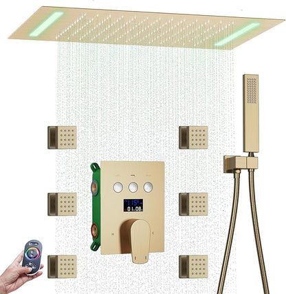 Bathroom shower system Ceiling 14x20 inch shower head, spray with handle, 6 PCS Body Jet and Handheld, temperature display shower faucet set (Brushed Gold)