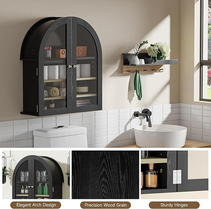 HOACT Arch Bathroom Wall Cabinet with Glass Door, 23.6" Above Toilet Storage Cabinet with Adjustable Shelves, Natural Medicine Cabinet for Kitchen, Laundry Room, Bedroom, Black