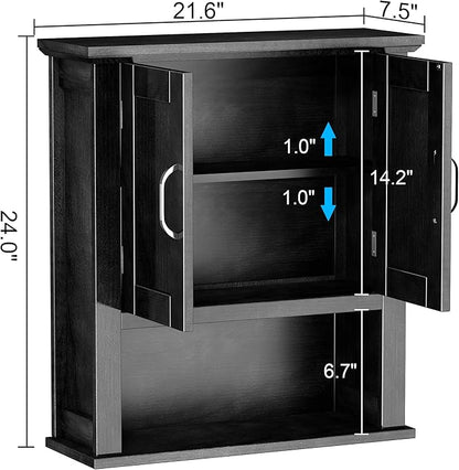 ChooChoo Wood Wall Cabinet with Doors, Medicine Cabinet with Adjustable Shelves Over The Toilet, Hanging Cabinet Wall Mounted for Bathroom, Kitchen, Living Room, Black