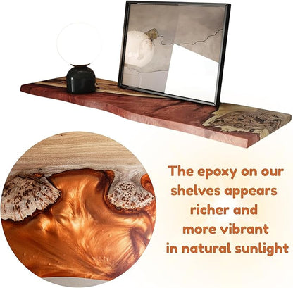 RWA Live Edge Floating Shelf – Unique Wood Floating Shelf for Wall Decor, Living Room, Bedroom, or Bathroom – Stylish Decorative Wall Shelves for Home & Office (Amber, 12x6)
