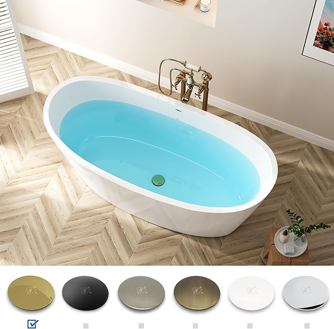 FerdY Naha Elite 59" Acrylic Freestanding Bathtub, Curve Edge Freestanding Soaking Bathtub, Glossy White, cUPC Certified, Polished Gold Drain & Minimalist Linear Design Overflow Included