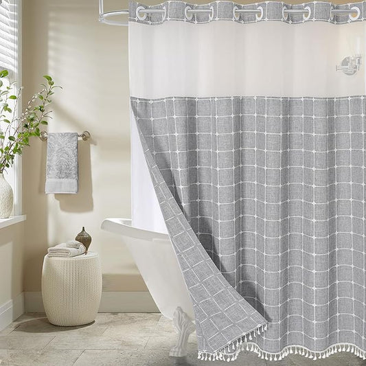 MitoVilla No Hooks Required Farmhouse Shower Curtain with Snap-in Liner - with Window & Magnets, Boho Cotton Linen Fabric Shower Curtains with Tassels for Rustic Bathroom Decor, Grey, 72 x 74