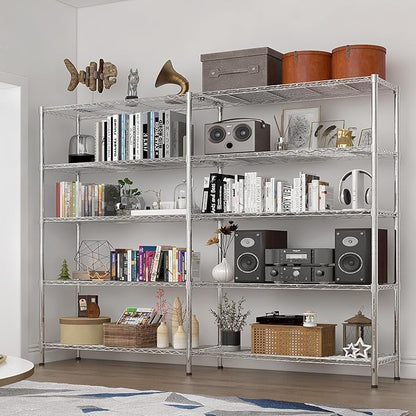 5 Tier Storage Racks Shelving, Heavy Steel Pantry Shelves, Adjustable Wire Shelving Rack, Suitable for Garage, Kitchens, Offices, 69.7" W x 16" D x 71" H, Chrome