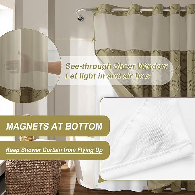 No Hooks Required Boho Farmhouse Shower Curtain Tufted Chevron Striped with Snap in Liner - 72W x 80H, Water Resistant Hotel Grade Spa Like Bathroom Curtain Set, Taupe