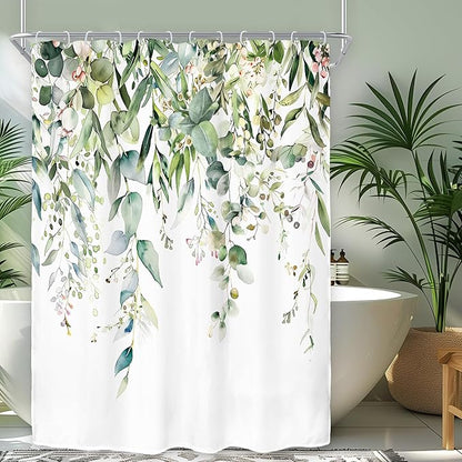 Riyidecor Small Green Eucalyptus Leaves Shower Curtain for Bathroom Decor 54Wx78H Single Standing Plants Watercolor Floral Rustic Botanical Art Printed Fabric Polyester Waterproof 12 Pack Plastic