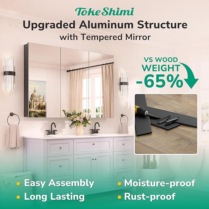 TokeShimi 16 x 24 Mirrored Medicine Cabinet Recessed or Surface Mount, Aluminum Tempered Black Bathroom Medicine Cabinet with Mirror with Adjustable Storage Metal for Modern Farmhouse