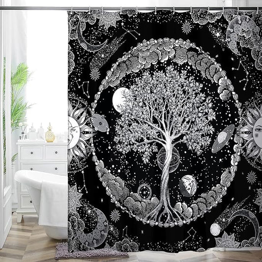 Bohemian Shower Curtain, Boho Floral Print Water Repellent Polyester Fabric for Bathroom Decor, 72×72 Inch Standard Size with 12 Hooks, Also as Room Divider