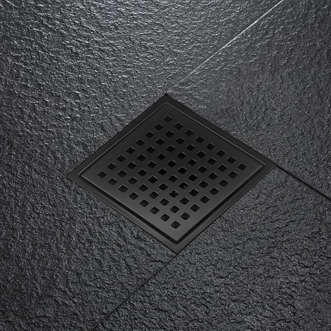 4 Inch Square Shower Drain with Flange, Removeable Grate SUS 304 Stainless Steel Shower Drain with Hair Catcher (Matte Black, 4 Inch)