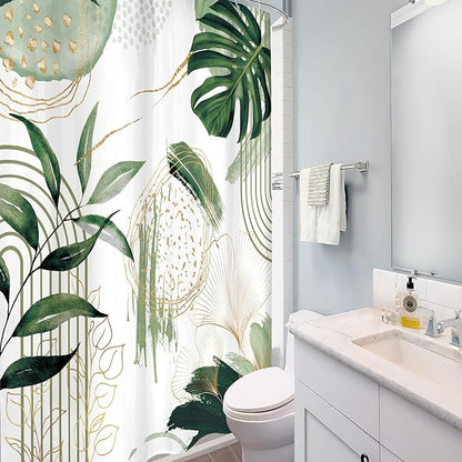 Sage Green Boho Shower Curtain 48Wx72H Small Stall Narrow Modern Abstract Mid Century Bohemian Tropical Palm Leaves Geometric Bathroom Decor Botanical Bath Curtain Fabric Polyester 8 Pack Hooks