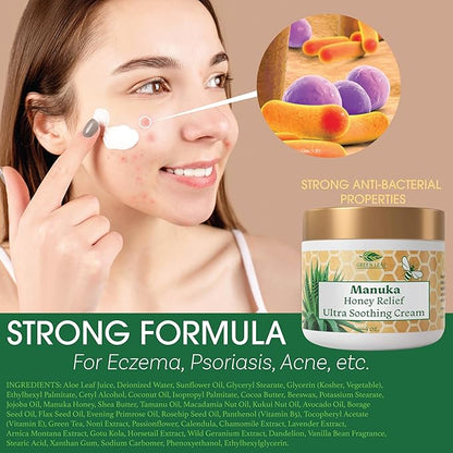 Green Leaf Naturals - Manuka Honey Face Cream - 8oz -Aloe Vera - Jojoba Oil Infused - Body Cream - Gluten Free Moisturizer for Kids & Adults - Nourishing Skin Care