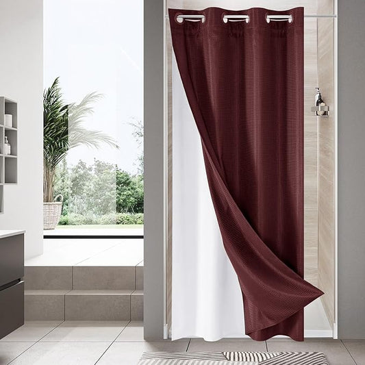 MitoVilla Burgundy Waffle Small Stall Shower Curtain Liner Set 36 x 74, No Hooks Required Half Size Narrow Fabric Cloth Shower Curtain Set with Snap-in Liner for Modern Bathroom Decor, Burgundy