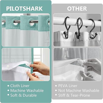 No Hook Waffle Weave Shower Curtain Set with Snap-in Fabric Liner and Mesh Top Window,256GSM Heavy Duty Fabric,Turquoise Washable Luxury Shower Curtain for Bathroom Stalls (72x75 Inch)