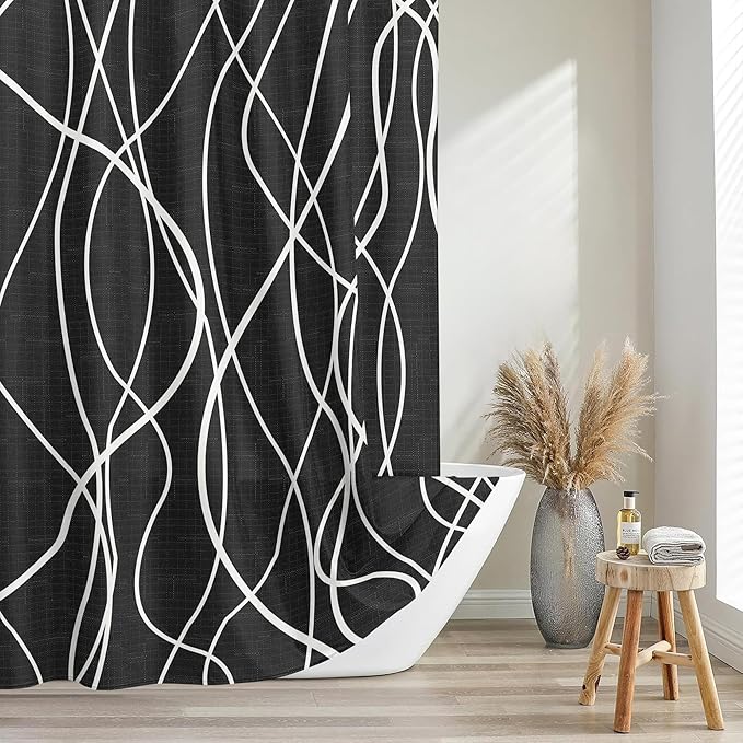 Tititex Morden 140gms Faux Linen Bath Shower Curtain Set Textured Fabric with Black White Curve Pattern 72x72 Inch Water Resistant Bathroom Curtains, Weighted Hem & Hooks for Home/Hotel