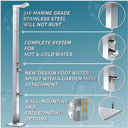 Bondi 316 Marine Grade Stainless Steel Outdoor Shower Panel-No Rust! Perfect for Swimming Pools, Backyards, Beach Houses, Resorts. Hot & Cold Water Connections, Wall Mounted or Freestanding Options.