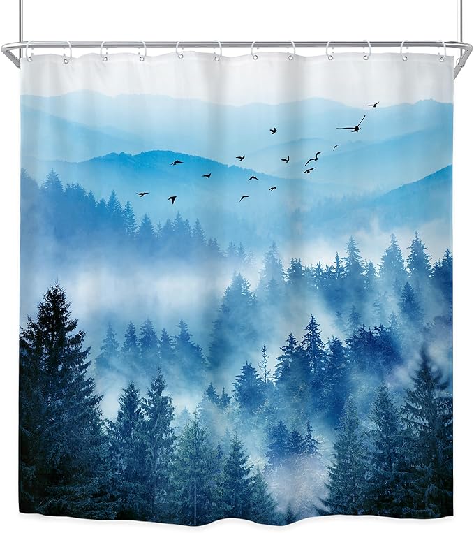 Riyidecor Navy Blue Mountain Shower Curtain 72Wx96H Inch Extra Long Nature Woodland Scenery Park Scene View Foggy Pine Tree Alpine Cool Mens Bathroom Decor Fabric Polyester Waterproof 12 Pack Hooks