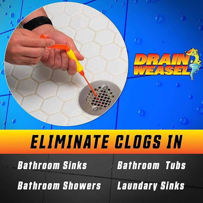 FlexiSnake Pro Drain Weasel Sink Snake Cleaner with New Molded Tip - 18″ - Drain Snake Clog Remover Tool with Rotating Handle & 5 Wand Refills - Easy to Use on Drains & Grates - Made in USA - 5-Pack