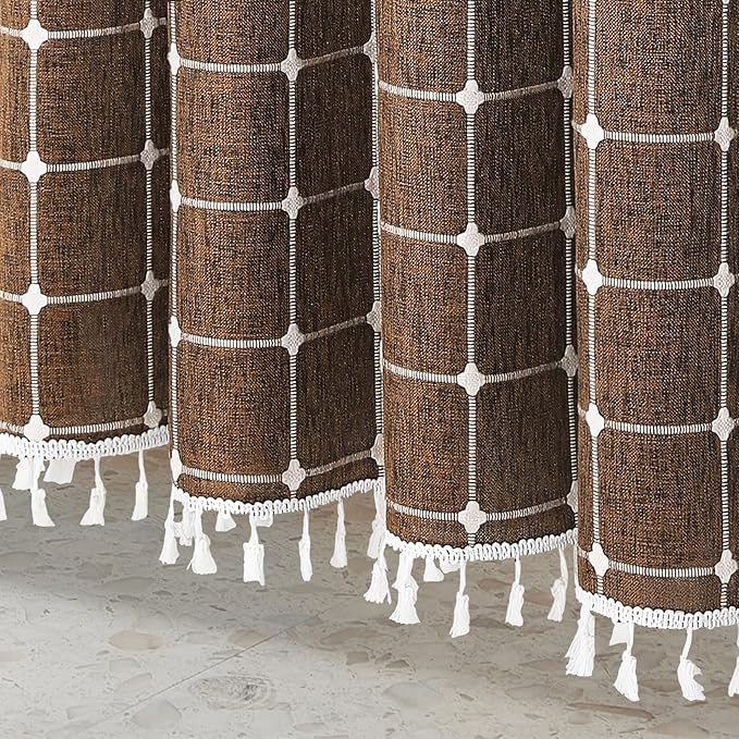 MitoVilla Brown 72 x 78 Farmhouse Shower Curtain, Boho 78 inch Long Polyester Linen Tassel Fabric Shower Curtain Set for Chic Cottagecore French Rustic Bathroom Decor