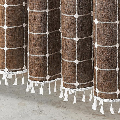 MitoVilla Brown 72 x 78 Farmhouse Shower Curtain, Boho 78 inch Long Polyester Linen Tassel Fabric Shower Curtain Set for Chic Cottagecore French Rustic Bathroom Decor