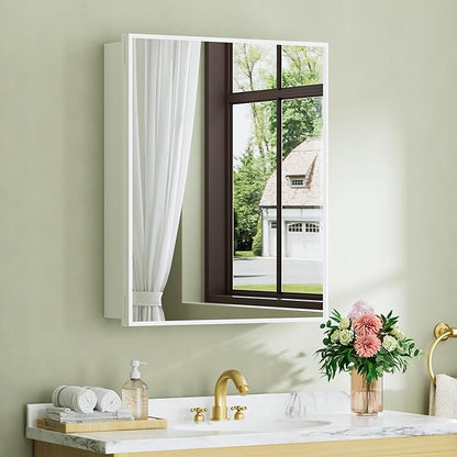 Buruis 24" x 30" Framed Medicine Cabinet with Mirror, Recessed or Wall Mounted Bathroom Cabinet, Adjustable Tempered Glass Shelves, Left/Right Open Reversible, No Assembly Required, White