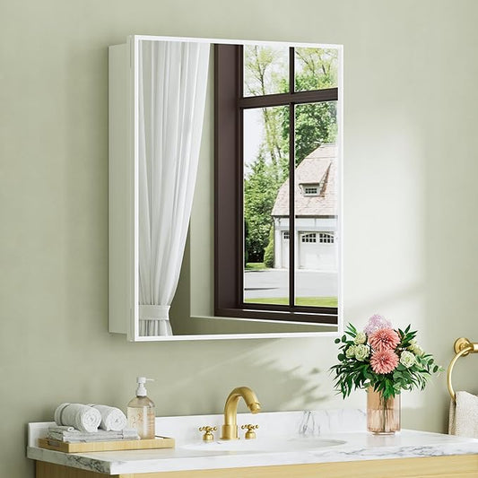 Buruis 24" x 30" Framed Medicine Cabinet with Mirror, Recessed or Wall Mounted Bathroom Cabinet, Adjustable Tempered Glass Shelves, Left/Right Open Reversible, No Assembly Required, White