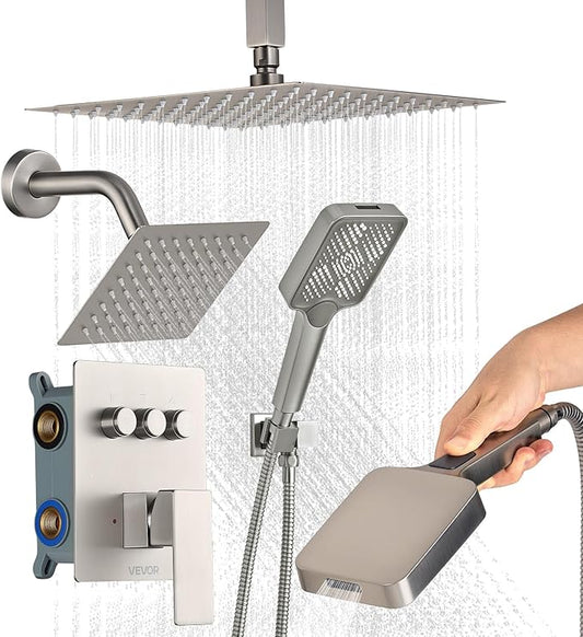 VEVOR Shower Faucet Set, 12 Inch Ceiling Mount Rainfall Shower System with 6 Inch Wall Mount Head and 4 in 1 Handheld Spray, Rotatable 3-Function Dual Rain Head Brass Valve & Trim Kit, Brushed Nickel