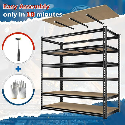 55" W Storage Shelves, 3060LBS Garage Shelving, 6-Tier Heavy Duty Shelving, Adjustable Metal Shelving Unit for Garage, Warehouse, Pantry, Kitchen, 55" W × 24" D × 84" H, Black