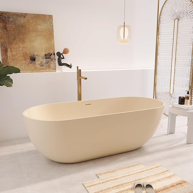 69" Premium Cream Stone Resin Solid Surface Free Standing Bathtub, Unique Matte Milk-Coffee Soaking Tub with Pop-up Drain