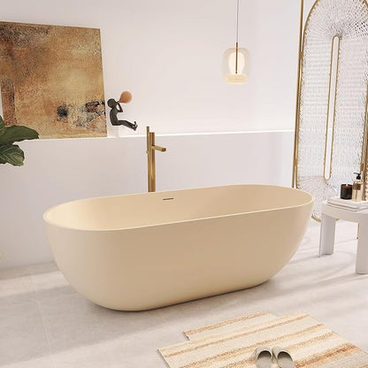 69" Premium Cream Stone Resin Solid Surface Free Standing Bathtub, Unique Matte Milk-Coffee Soaking Tub with Pop-up Drain