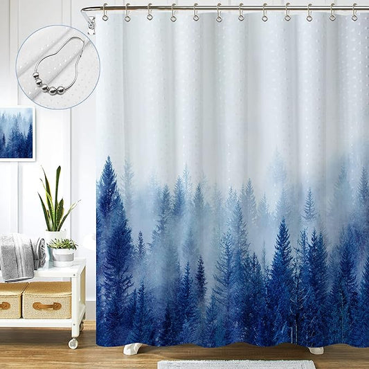 ORTIGIA Blue Misty Forest Shower Curtain Set,Nature Mountain Shower Curtain with Hooks,Fantasy Fog Tree Bath Curtain for Bathroom,Waterproof Polyester Fabric-70 Wx72 L