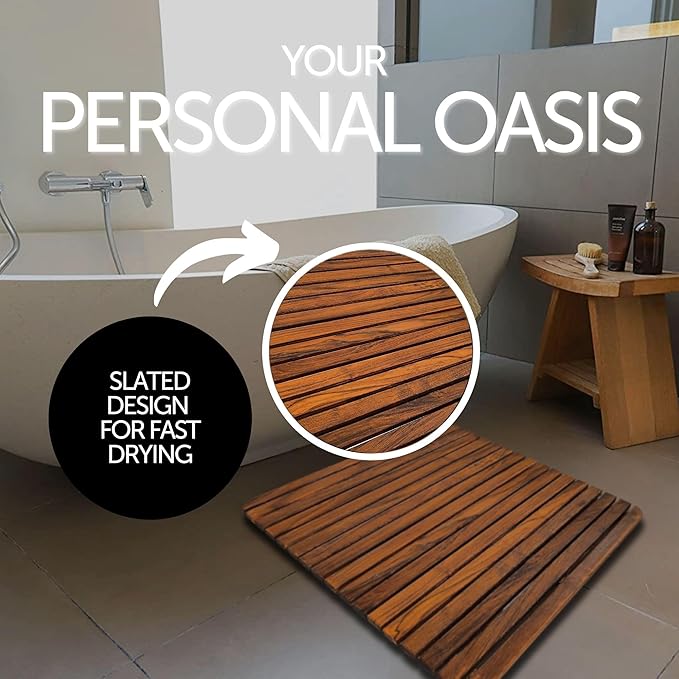 Nordic Style Premium Teak Shower and Bath Mat for Indoor and Outdoor Use - Non-Slip Wooden Platform for Spa, Sauna, Pool, Hot Tub - Flooring Decor and Protector (24" x 24", Oiled Finish)