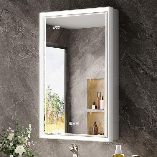 Beveled Lighted Medicine Cabinet with Mirror & Lights -20x32 Surface or Recessed Mirrored Medicine Cabinet with Outlet & Clock, Anti-Fog Dimmable LED Storage Cabinet, Built-in Sensor Light
